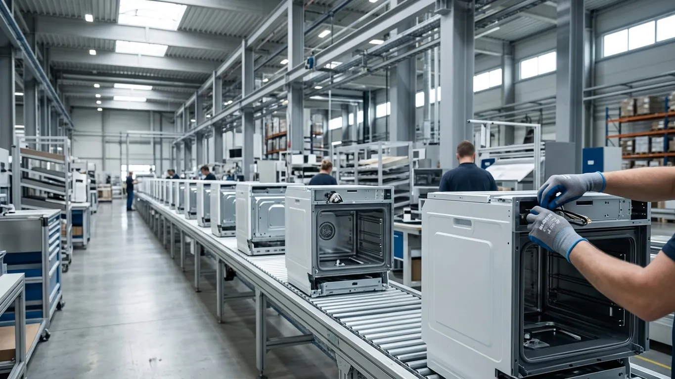 Linia montażowa urządzeń AGD w hali produkcyjnej