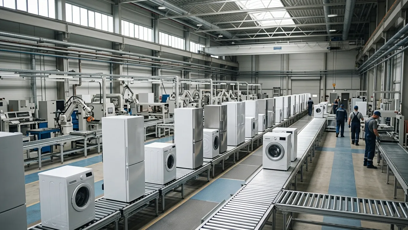 Nowoczesna hala produkcyjna z linią montażu urządzeń AGD